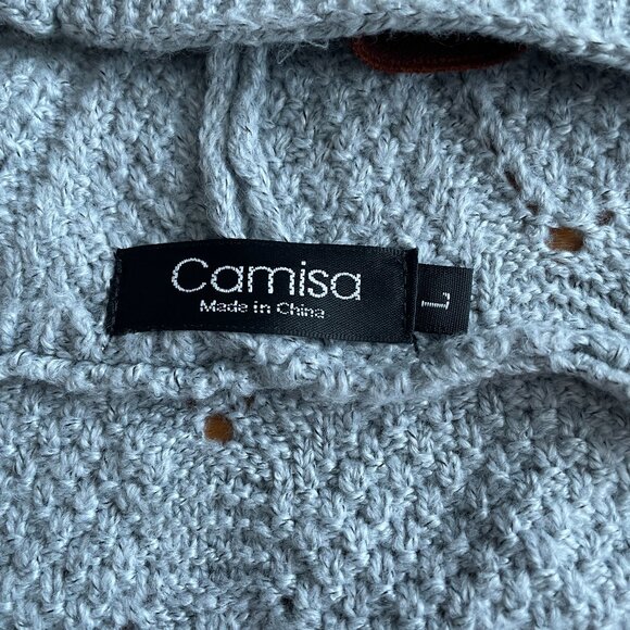 Large Camisa light gray hooded cardigan with brown elbow patches and stitching - Picture 7 of 13